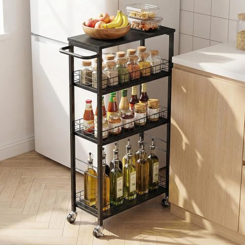 WF8123MAX_1 YBING Slim Storage Cart Kitchen Rolling Utility Cart on Wheels 4 Tier Mobile Narrow Cart with Wood and Metal Handle Slide Out Storage Shelving Unit Cart for Kitchen Living Room Small Places Black