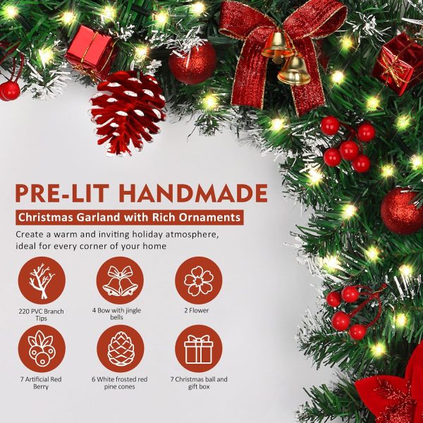 DOIOWN Christmas Garland with Lights,9Ft Prelit Christmas Garland for Mantle,100 LED Christmas Decorations Garland with Berries,Bows,Pine Cones,Flowers for Stairs Indoor Outdoor Decor Battery Operated