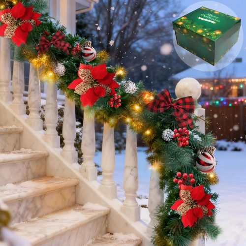 WF8414MAX_1 9FT Christmas Garland with 100 Lights Battery Operated Christmas Decoration | Artificial Prelit Garlands with Red Balls,Pine Cones,Cedar Branches for Stairs Windows Outdoor Indoor Home Fireplace Decor