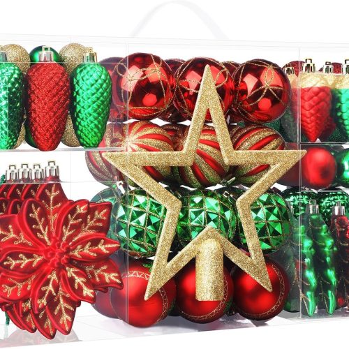 SHareconn 106 PCS Christmas Ball Ornaments for Christmas Tree Decorations | Colorful Shatterproof Plastic Baubles with Hanging Hooks for Xmas Tree, Holiday, Wedding & Party Decor, Red & Green Gold