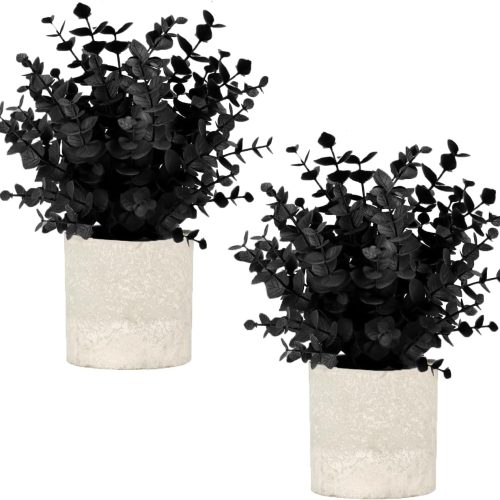 Velener 2 PCS Small Fake Eucalyptus Plant Artificial Potted Plants Indoor for Christmas Decor Indoor Realistic Faux Plant for Office, Bathroom, Living Room, Desk, Shelf, Home Decor (Black)