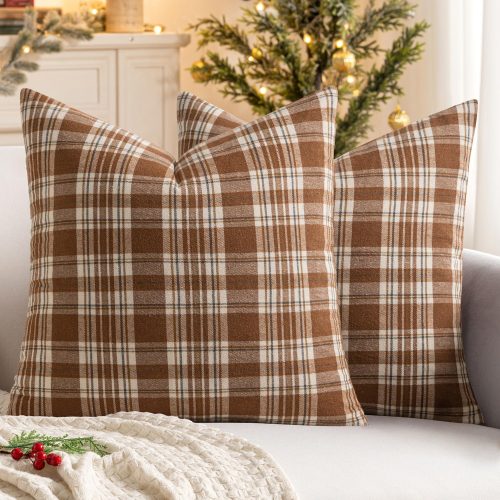 MIULEE Fall Set of 2 Scottish Tartan Plaid Throw Pillow Covers Farmhouse Classic Decorative Outdoor Square Cushion Cases for Halloween Thanksgiving Decor Sofa Couch 16x16 Inch, Brown and White