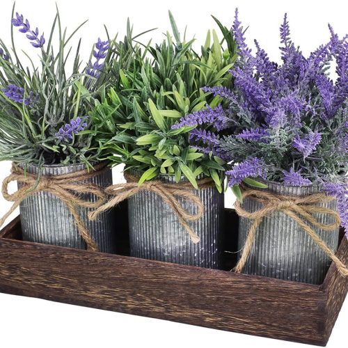 Set of 3 Small Potted Plants Arrangement Artificial Lavender and Grass Plants in Rustic Galvanized Metal Pots with Decorative Wood Tray for Farmhouse Table Centerpiece Windowsill Indoor Greenery Decor