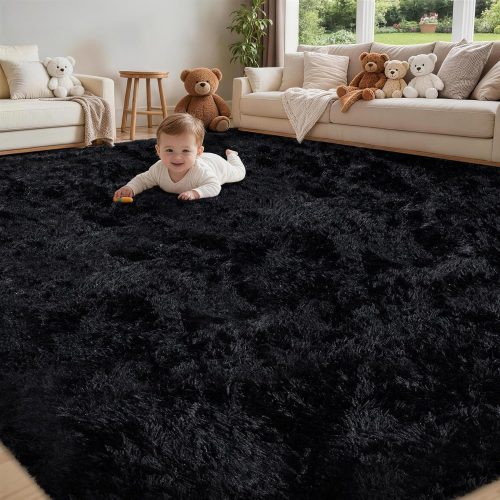 8x10 Area Rug for Living Room,Black Fluffy Shag Non-Slip Bedroom Rugs | Ultra Soft Large Fuzzy Plush Indoor Carpet，Washable Rugs for Bedroom Kids Nursery Office Dorm Modern Decor