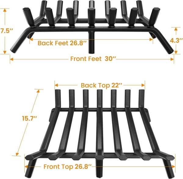AMAGABELI GARDEN & HOME Fireplace Grate 30 inch Fire Pit Grate Fire Place Log Holder Wrought Iron Heavy Duty Solid Steel Indoor Outdoor Camping Hearth Firepit Firewood Wood Burning Rack Stove