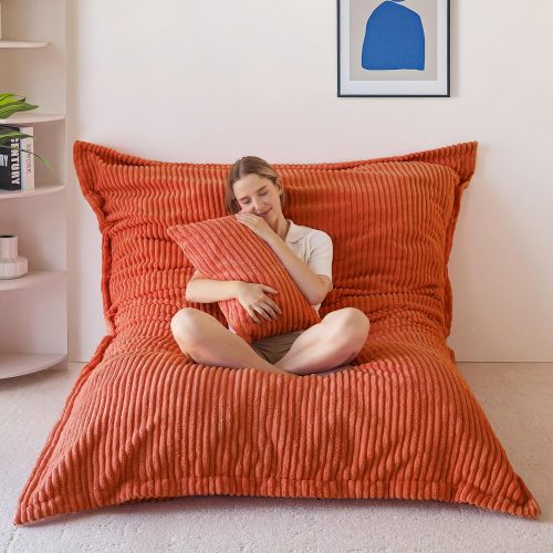 MAXYOYO Giant Bean Bag Chair with Pillow, 3 in 1 Convertible Bean Bag Chair | Removable Floor Cushion Stuffed Floor Lounger for Adults with Washable Cover, Lazy Chair for Living Room, Orange, Full