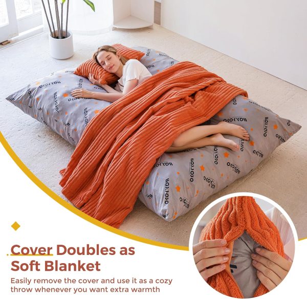 MAXYOYO Giant Bean Bag Chair with Pillow, 3 in 1 Convertible Bean Bag Chair | Removable Floor Cushion Stuffed Floor Lounger for Adults with Washable Cover, Lazy Chair for Living Room, Orange, Full