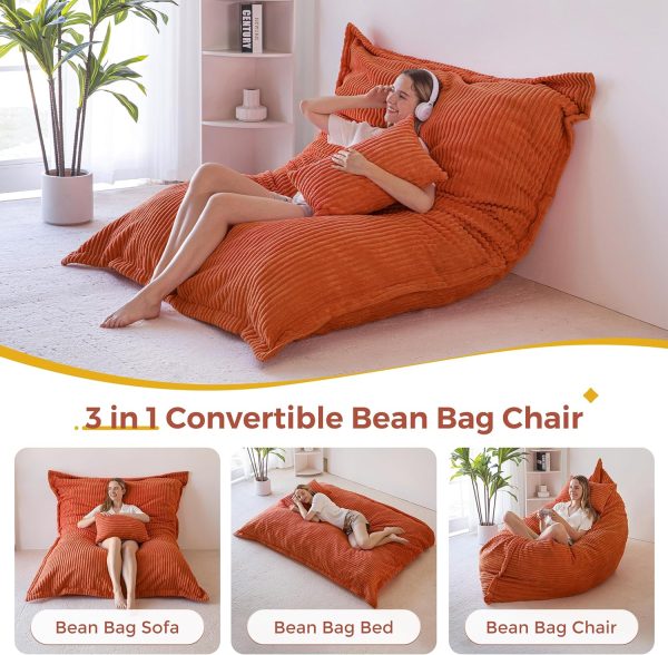 MAXYOYO Giant Bean Bag Chair with Pillow, 3 in 1 Convertible Bean Bag Chair | Removable Floor Cushion Stuffed Floor Lounger for Adults with Washable Cover, Lazy Chair for Living Room, Orange, Full
