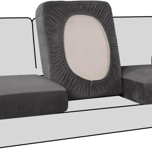 H.VERSAILTEX Stretch Velvet 3 Piece T Cushion Sofa Slipcovers Individually Cushion Cover for 3 Cushion Couch Seat Cushion Covers for Sofa Seat Cushion Covers Stay in Place(Sofa, Grey)