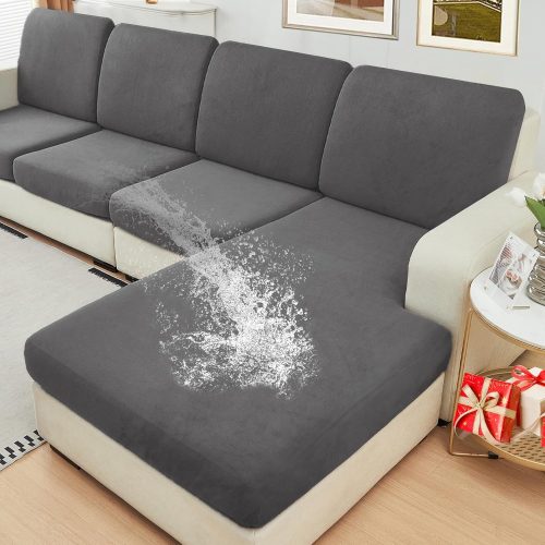 WF9892MAX_1 NAISI Waterproof Couch Cushion Covers Thick Velvet Fabric Washable Sofa Slipcovers Sectional Couch Covers for 4 Pieces Separate L Shape Couch Cover with Elastic Bottom(3 Seater + 1 Chaise,Grey)