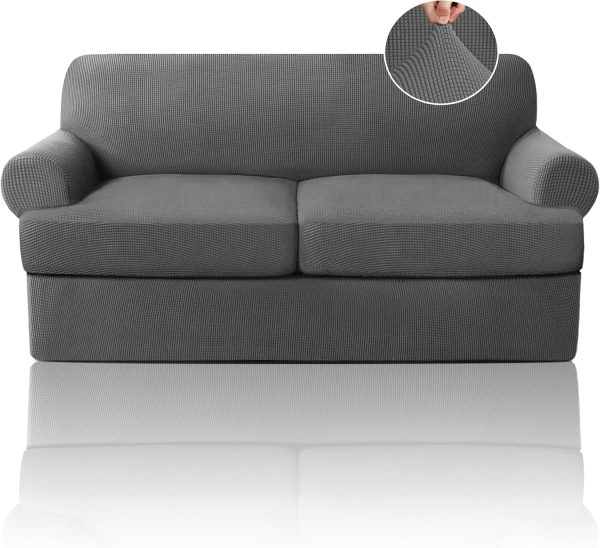 T Cushion Loveseat Slipcover 3 Pieces Sofa Covers for T Cushion Sofa Stretch Sofa Covers for 2 Cushion Couch with 2 Individual T Shape Seat Covers Width Up to 76"- Washable, Grey