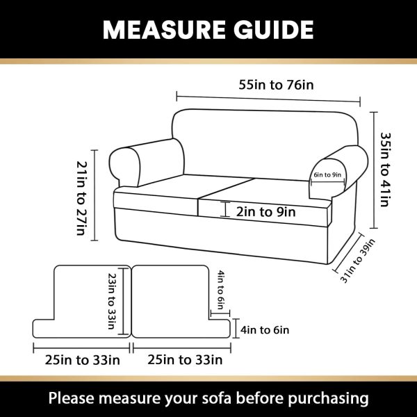T Cushion Loveseat Slipcover 3 Pieces Sofa Covers for T Cushion Sofa Stretch Sofa Covers for 2 Cushion Couch with 2 Individual T Shape Seat Covers Width Up to 76"- Washable, Grey