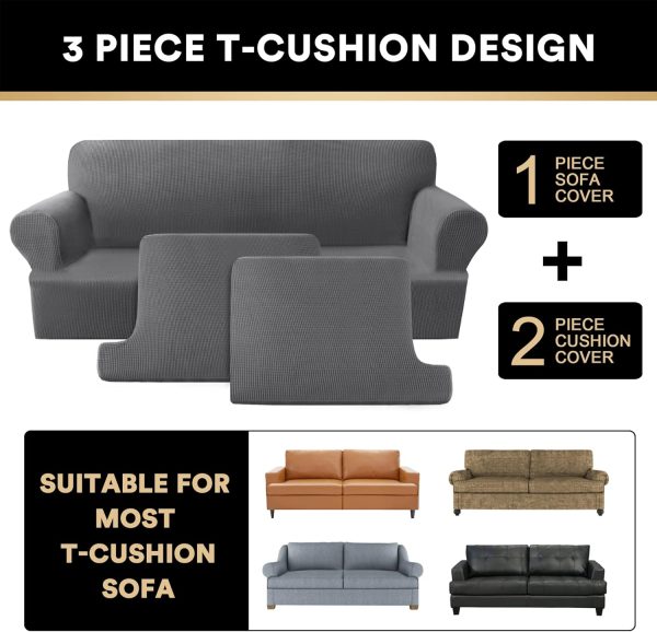 T Cushion Loveseat Slipcover 3 Pieces Sofa Covers for T Cushion Sofa Stretch Sofa Covers for 2 Cushion Couch with 2 Individual T Shape Seat Covers Width Up to 76"- Washable, Grey