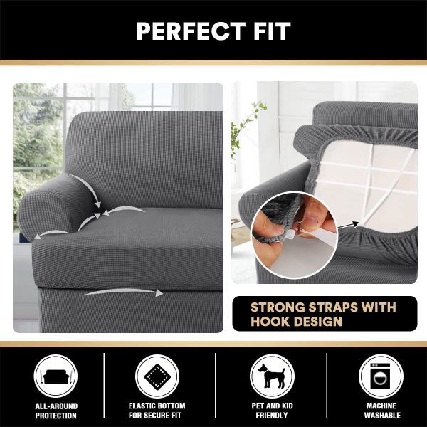 T Cushion Loveseat Slipcover 3 Pieces Sofa Covers for T Cushion Sofa Stretch Sofa Covers for 2 Cushion Couch with 2 Individual T Shape Seat Covers Width Up to 76"- Washable, Grey