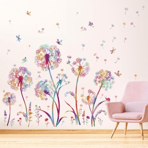 wondever Colorful Blowing Dandelion Wall Decals Flying Flowers Butterflies Floral Peel and Stick Wall Art Stickers for Living Room Girls Bedroom TV Wall