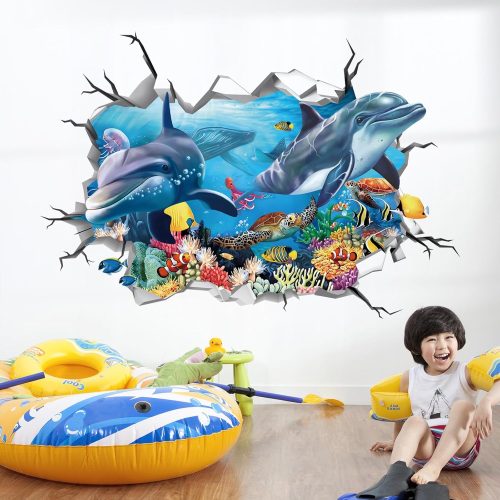 WF9979MAX_1 decalmile 3D Under The Sea Dolphin Fish Wall Decals Ocean Turtle Seaweed Broken Wall Stickers Boys Bedroom Living Room Bathroom Wall Decor
