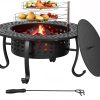 FDW 36 Inch Fire Pit with 2 Adjustable Grills,Wood Burning Fire Pits for Outside with Lid & Fire Poker, BBQ& Outdoor Firepit & Round Metal Table 3 in 1 for Patio, Picnic, Party