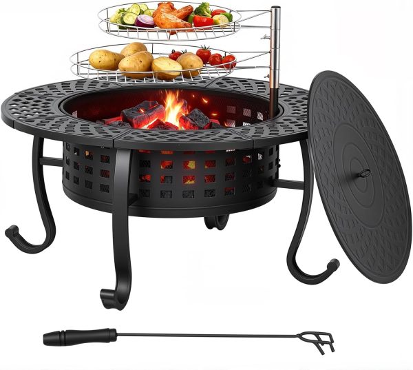 FDW 36 Inch Fire Pit with 2 Adjustable Grills,Wood Burning Fire Pits for Outside with Lid & Fire Poker, BBQ& Outdoor Firepit & Round Metal Table 3 in 1 for Patio, Picnic, Party