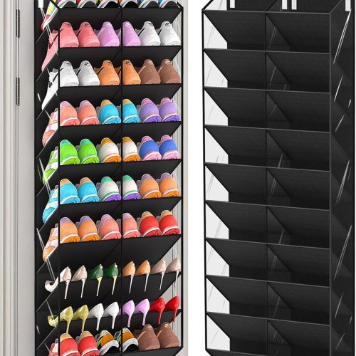 UVIAHOMI 20-30 Pairs Over the Door Shoe Organizer, Clear Pockets Hanging Shoe Storage for Closet, 10-Tier Door Shoes Rack, Handing Shoes Holder Fit All the Family's Sneakers, Boots, Heels, Black