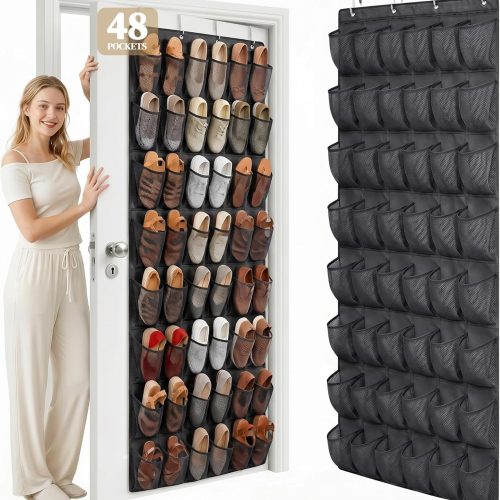 48 Pockets Over the Door Shoe Organizer, Large Mesh Hanging Shoe Rack, 6-Column Heavy Duty Shoe Storage for Sneakers and Heels, Behind Door Holder for Entryway Bedroom Dorm College, Black