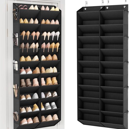 LANTEFUL Over the Door Shoe Organizer, Hanging Shoe Rack for Closet Door Shoe Storage for 30 Pairs Sneaker and Boots, Large Shoe Holder for Door with 10 Side Pockets, Space Saving, Black