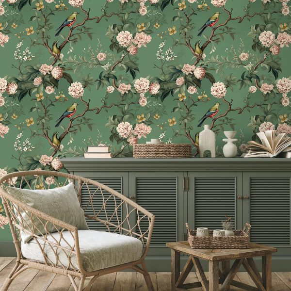 VEELIKE Vintage Green Bird Wallpaper Peel and Stick Chinoiserie Floral Wallpaper Removable Prepasted 17.7''x118'' Green Floral Wall Mural Self Adhesive Renter Friendly Wall Deco for Bedroom Bathroom