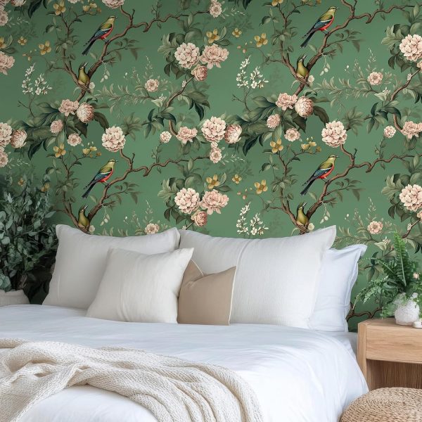 VEELIKE Vintage Green Bird Wallpaper Peel and Stick Chinoiserie Floral Wallpaper Removable Prepasted 17.7''x118'' Green Floral Wall Mural Self Adhesive Renter Friendly Wall Deco for Bedroom Bathroom