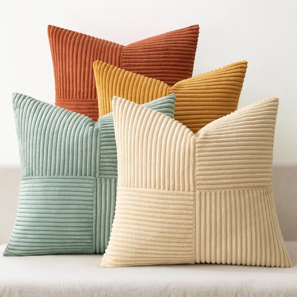 WFOOOO575YRM_1 MIULEE Fall Teal Orange Decorative Throw Pillow Covers 18x18 Inch Set of 4 Boho Corduroy Striped Cushion Cases Modern Farmhouse Patchwork Pillow Cases for Couch Sofa Bedroom Home Decor