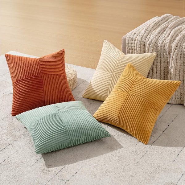 WFOOOO575YRM_3 MIULEE Fall Teal Orange Decorative Throw Pillow Covers 18x18 Inch Set of 4 Boho Corduroy Striped Cushion Cases Modern Farmhouse Patchwork Pillow Cases for Couch Sofa Bedroom Home Decor
