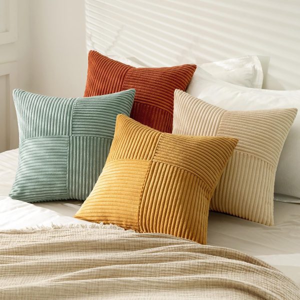WFOOOO575YRM_4 MIULEE Fall Teal Orange Decorative Throw Pillow Covers 18x18 Inch Set of 4 Boho Corduroy Striped Cushion Cases Modern Farmhouse Patchwork Pillow Cases for Couch Sofa Bedroom Home Decor