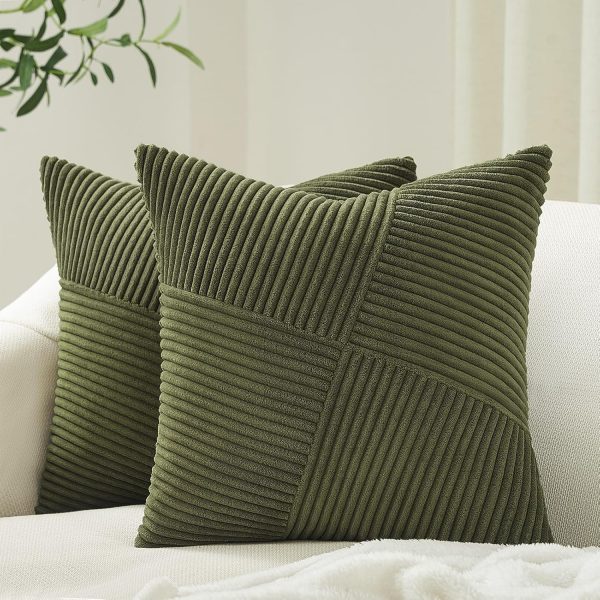 Topfinel Olive Green Decorative Throw Pillow Covers Set of 2 18x18 Inches for Couch Bed Sofa, Boho Aesthetic Home Decor, Soft Corduroy Striped Patchwork Windmill Textured Cushion Cases 45x45 cm