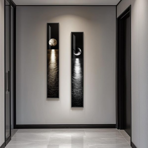 WFOOOO675YRM_1 Framed Vertical Moon Wall Art Set of 2, Modern Black White Gold Landscape Canvas Prints Artwork for Walls, Long Narrow Night Sea Pictures for Living Room Bedroom Dining Room Entryway Hallway Wall Decor