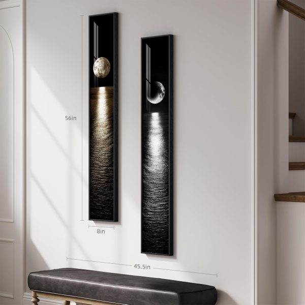WFOOOO675YRM_2 Framed Vertical Moon Wall Art Set of 2, Modern Black White Gold Landscape Canvas Prints Artwork for Walls, Long Narrow Night Sea Pictures for Living Room Bedroom Dining Room Entryway Hallway Wall Decor