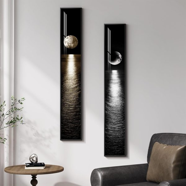 WFOOOO675YRM_3 Framed Vertical Moon Wall Art Set of 2, Modern Black White Gold Landscape Canvas Prints Artwork for Walls, Long Narrow Night Sea Pictures for Living Room Bedroom Dining Room Entryway Hallway Wall Decor