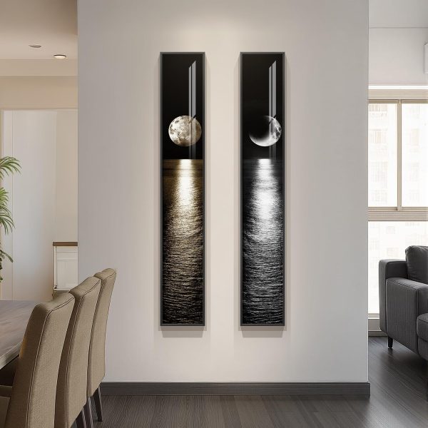 WFOOOO675YRM_4 Framed Vertical Moon Wall Art Set of 2, Modern Black White Gold Landscape Canvas Prints Artwork for Walls, Long Narrow Night Sea Pictures for Living Room Bedroom Dining Room Entryway Hallway Wall Decor