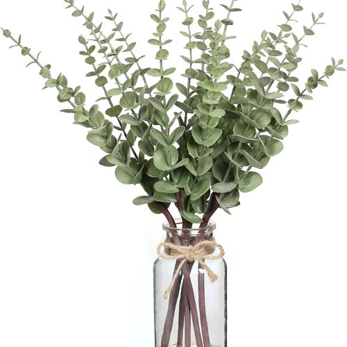 17.5" Artificial Eucalyptus Stems in Glass Vase with Faux Water(Sage Green) | Realistic Fake Plants Faux Eucalyptus Leaves with Glass Vase, for Centerpiece Table Farmhouse Wedding Home Greenery Decor