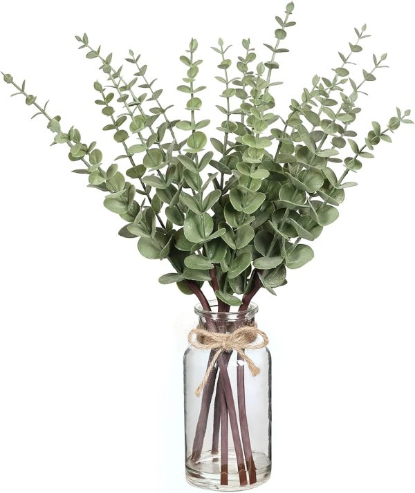 WFOOOO862YRM_1 17.5" Artificial Eucalyptus Stems in Glass Vase with Faux Water(Sage Green) | Realistic Fake Plants Faux Eucalyptus Leaves with Glass Vase, for Centerpiece Table Farmhouse Wedding Home Greenery Decor