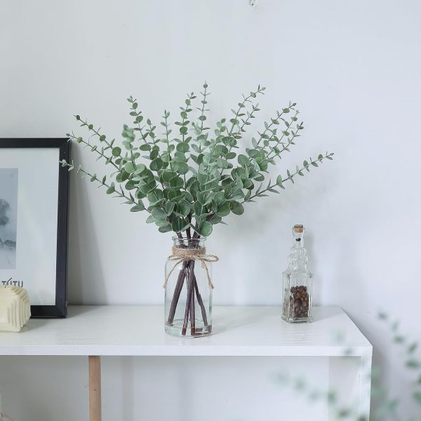 WFOOOO862YRM_3 17.5" Artificial Eucalyptus Stems in Glass Vase with Faux Water(Sage Green) | Realistic Fake Plants Faux Eucalyptus Leaves with Glass Vase, for Centerpiece Table Farmhouse Wedding Home Greenery Decor