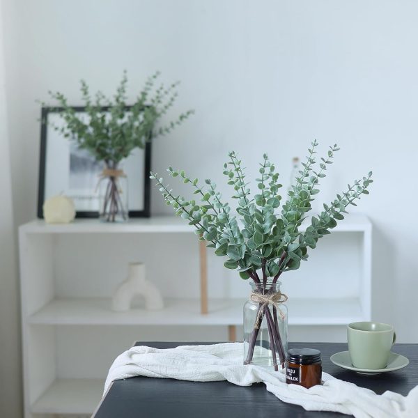 WFOOOO862YRM_4 17.5" Artificial Eucalyptus Stems in Glass Vase with Faux Water(Sage Green) | Realistic Fake Plants Faux Eucalyptus Leaves with Glass Vase, for Centerpiece Table Farmhouse Wedding Home Greenery Decor