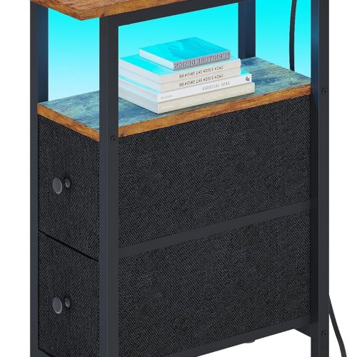 TRIFEBLE End Table with Charging Station, Narrow Side Table with 2 Fabric Drawers, Skinny Nightstand with LED Light, Slim Bedside Table for Bedroom, Living Room, Small Spaces, Rustic Brown and Black