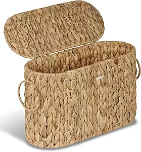 Toilet Paper Storage Basket, Water Hyacinth Slim Toilet Paper Holder with Lid- Holds Up to 9 Mega Rolls, Home Bathroom Decor Organizer