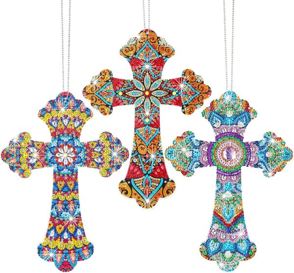 1 Faccito 3 Pcs Cross Diamond Art Painting Hanging Kit for Adult 9.84 x 7.09'' DIY 5d Crystal Cross Diamond Number Mandala Crosses Rhinestone Pendant Ornament for Halloween Religious Christians Gift