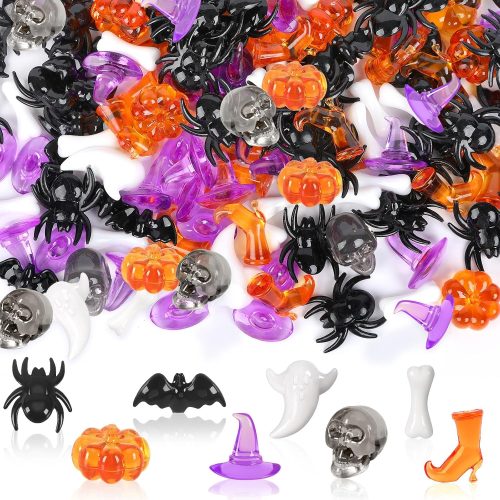 1 120Pcs Halloween Mini Ornaments Vase Filler Table Scatters Craft | Mini Ghost Skull Skeleton Witch Hats Bones Spider Pumpkin, Crystals Gems, Halloween Decoration Party Favors