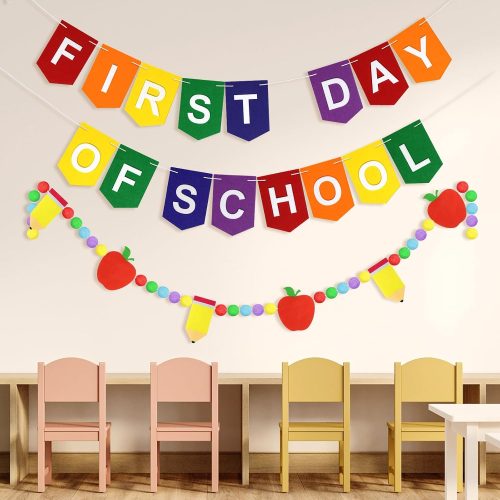 1 8.2 Ft Back to School Felt Banner Cute Pencil Apple Garland Colorful Crayons Pompom Hanging Banner for Kindergarten First Day of School Classroom Home Wall