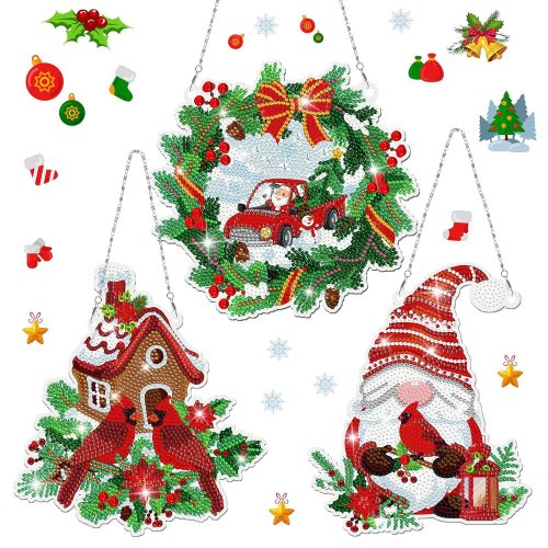 1 Sintuff 3 Pcs Christmas Diamond Painting Hanging Sign Set Gnome Birds Diamond Art Hanging Wall Art DIY 5D Crystal Rhinestone Wreath Kits for Christmas Wall Door Window Decorations