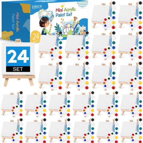 1 ESRICH 24 Set Mini Acrylic Paint Kit, Mini Stretched Canvas with Easel | Acrylic Paint Strips, Paint Palettes, Painting Brushes, Mini Canvas and Easel Set for Kids Artists Beginner, Gift