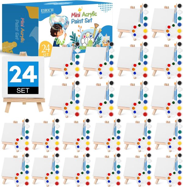 ESRICH 24 Set Mini Acrylic Paint Kit, Mini Stretched Canvas with Easel | Acrylic Paint Strips, Paint Palettes, Painting Brushes, Mini Canvas and Easel Set for Kids Artists Beginner, Gift