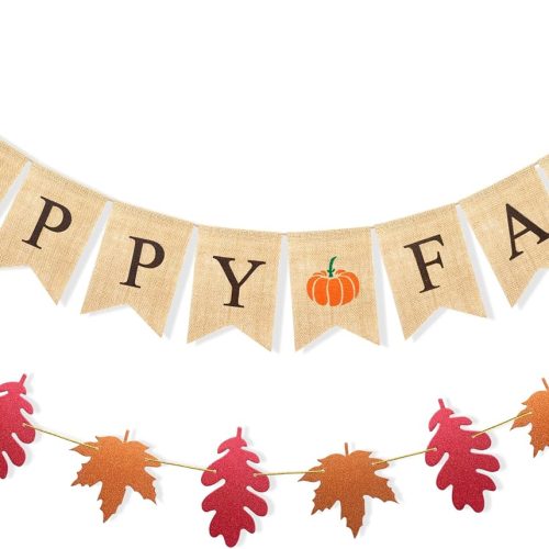 1 Uniwish Happy Fall Banner Garland Fall Thanksgiving Mantle Decorations | Burlap Fall Maple Leaves Sign, Thanksgiving Banner, Fall Decorations for Mantle Fireplace, Pumpkin Garland Hanging Bunting