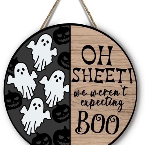 1 Halloween Spooky Ghost Door Sign for Front Door Horror Boo Pumpkins Door Wall Hangers Welcome Wooden Hanging Sign for Home Party Outdoor Decorations