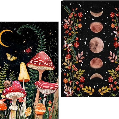 1 2 Pack Diamond Painting Kits for Adults,5D DIY Mushroom Forest Full Drill Round Art Gems with Moon Diamond Art Perfect for Home Wall Decor Diamond Dotz Inch12x16